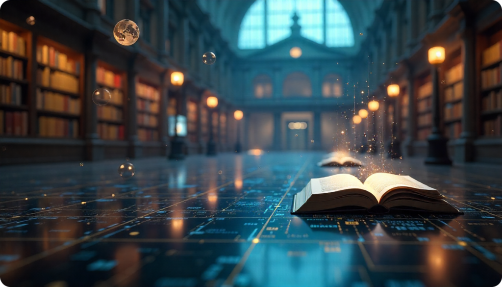 Digital library with floating classical books, AI neural network patterns, and a Harvard-style building in the background, representing public domain books released for AI training datasets.