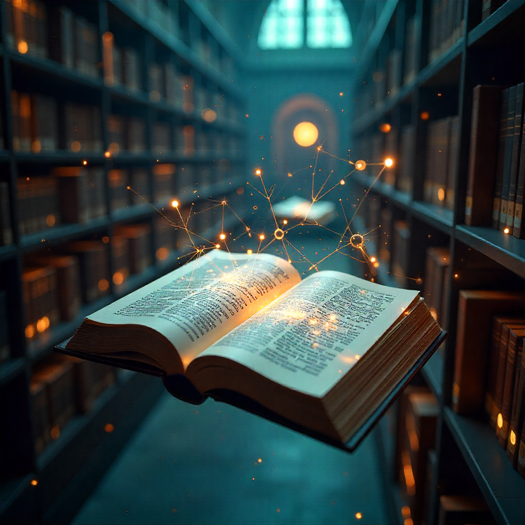 Digital library with floating classical books, AI neural network patterns, and a Harvard-style building in the background, representing public domain books released for AI training datasets.