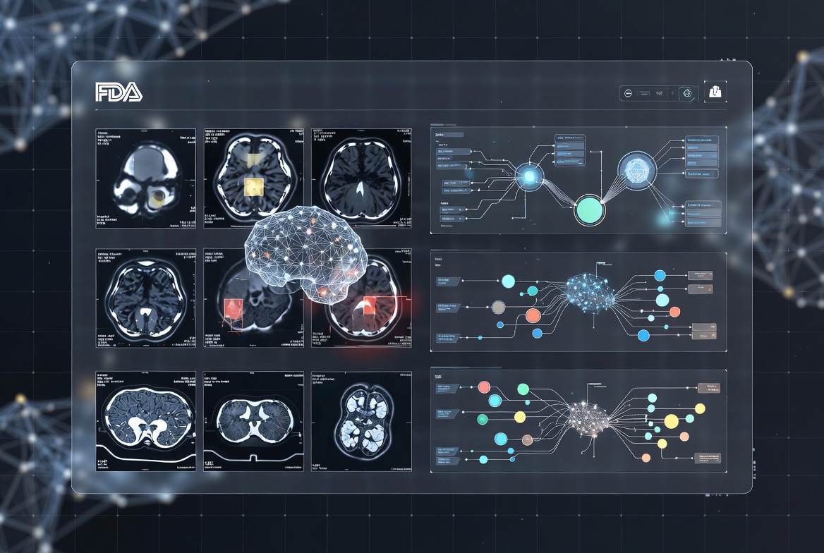 Illustration showing an FDA-listed AI-enabled medical devices dashboard highlighting model transparency and monitoring for AI-enabled medical devices.