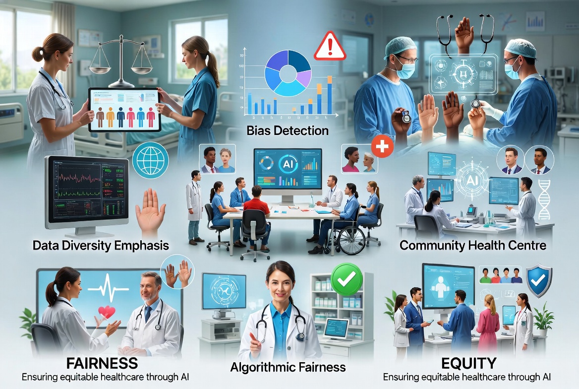 Visual showing AI healthcare tools and equity focus for diverse patients.