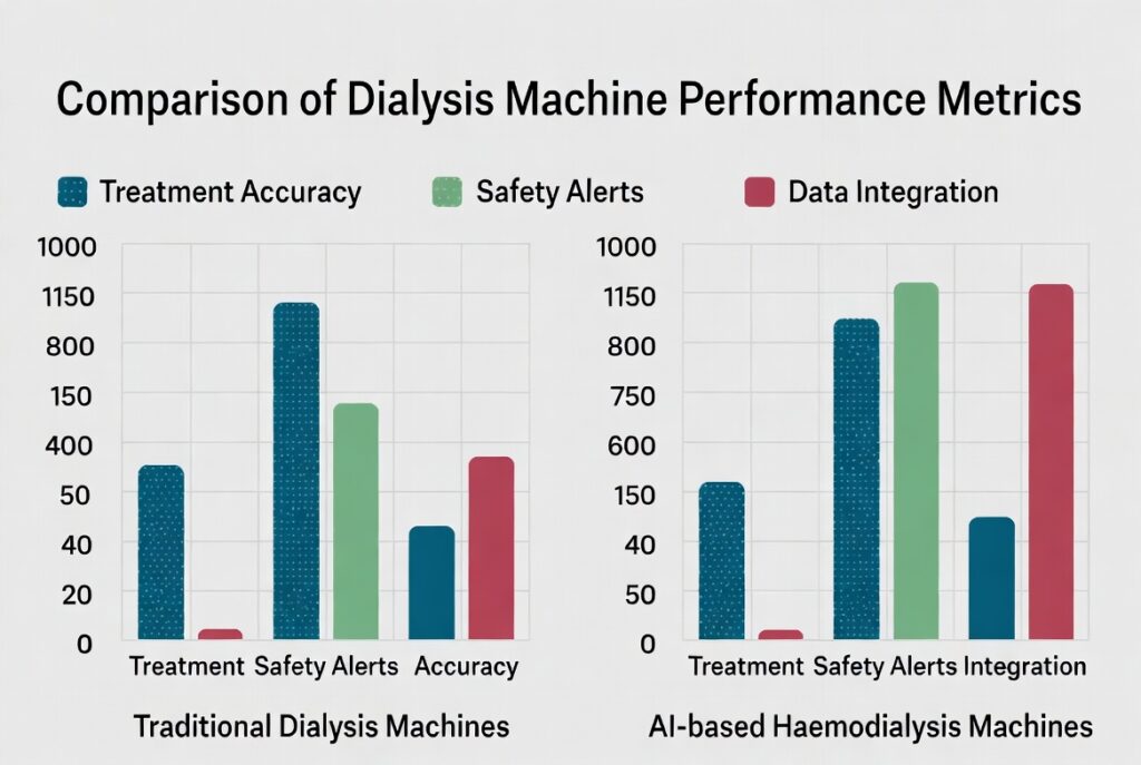 Comparison of traditional versus AI-based haemodialysis machine performance metrics.