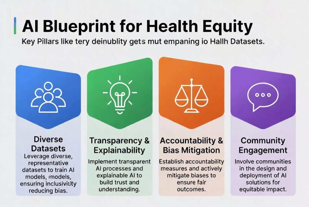 Infographic outlining steps for equitable AI in healthcare.