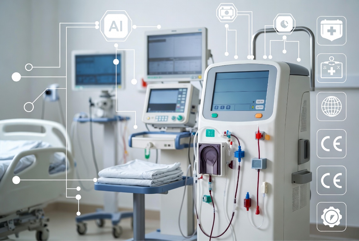 AI-enabled haemodialysis machine in a hospital setting showing advanced monitoring and quality standards.