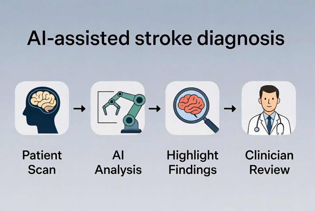 Workflow diagram of AI in emergency care for stroke diagnosis.