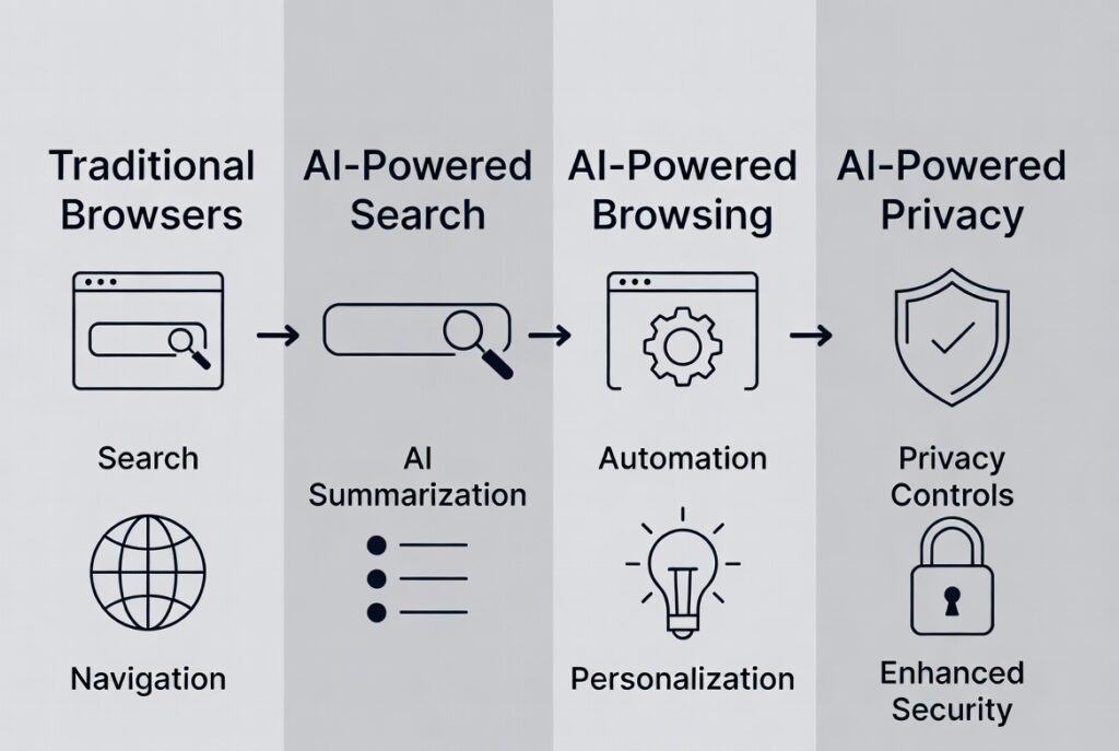 Workflow diagram in AI-powered browsers for AI-generated video tools: text prompt input, scene generation, editing, and final content export