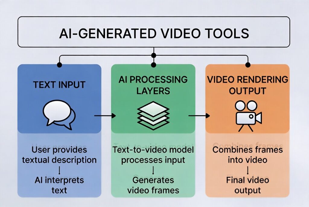 Workflow of AI-generated video tools for content creation.