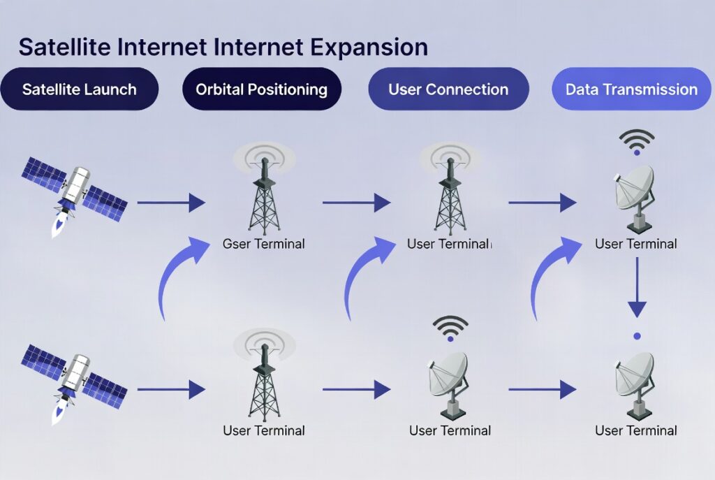 Diagram explaining satellite internet expansion technology.