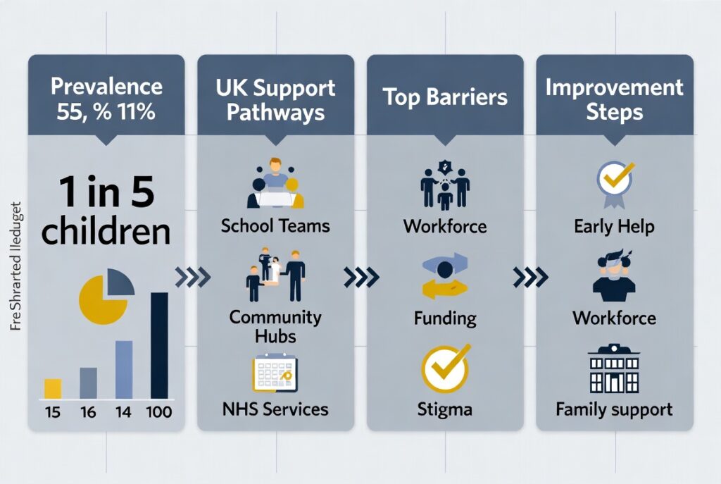 Infographic showing prevalence, pathways, barriers, and improvement steps for youth mental health in the UK.