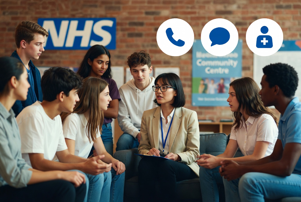 Diverse UK teenagers receiving school-based mental health support in a community setting.